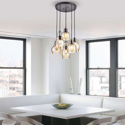 Suspension à 6 lumières Mariana en verre Cognac, noir antique et base ronde