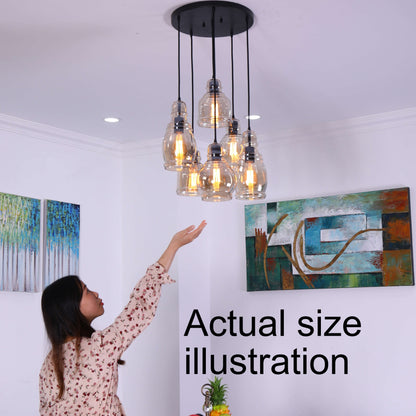 Suspension à 6 lumières Mariana en verre Cognac, noir antique et base ronde