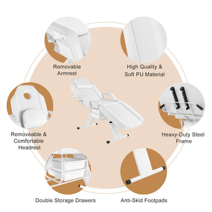 Chaise de massage, salon de tatouage, spa, salon de beauté, lit de soins du visage, blanc.