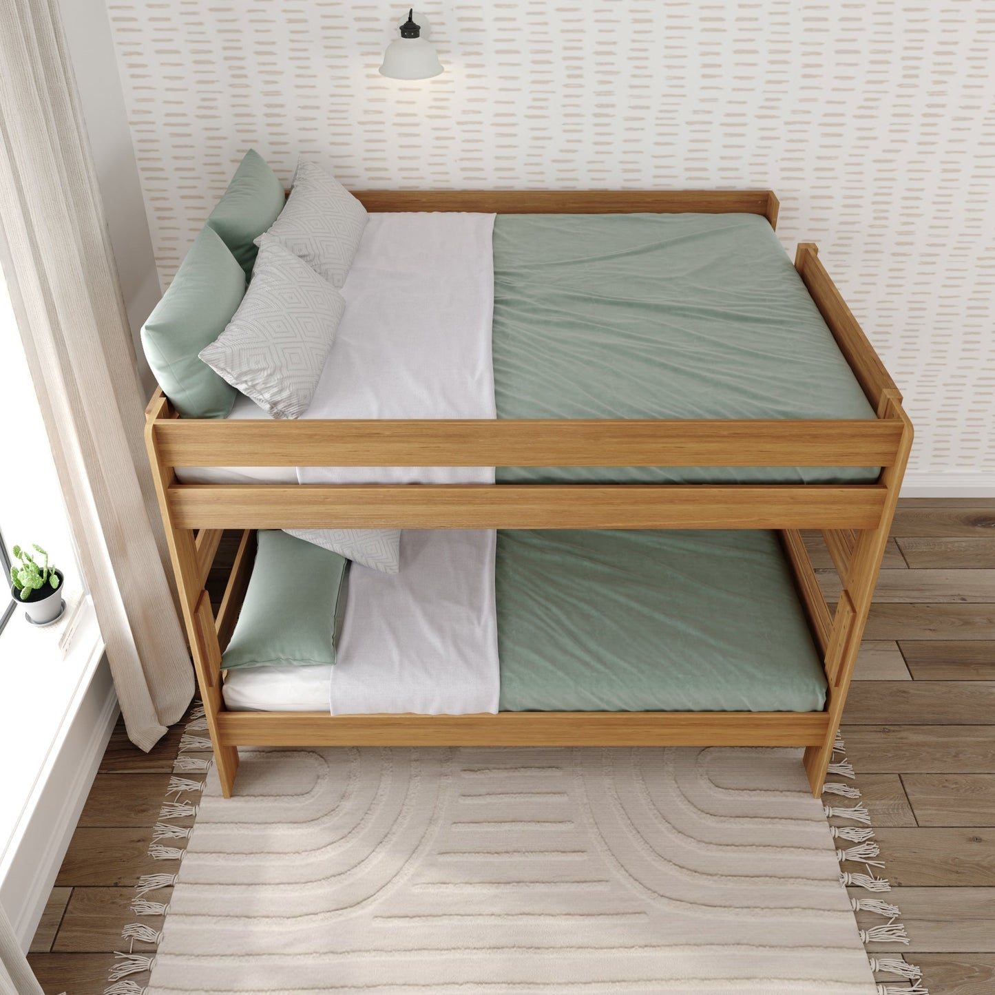 Lit superposé Max and Lily Farmhouse, avec lit double en dessous et lit queen au-dessus.