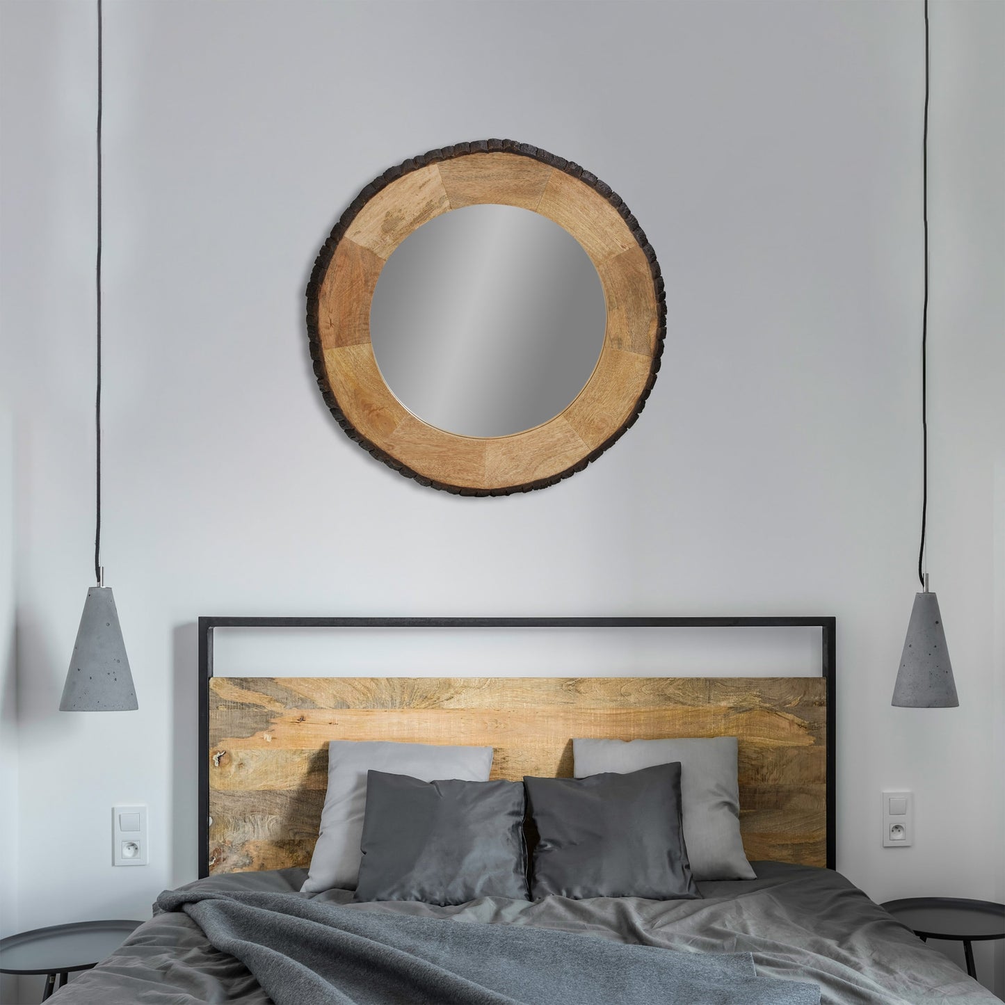 Miroir mural rond en bois avec bord naturel Meredith de River of Goods - 77,5 x 2,5 x 77,5 cm