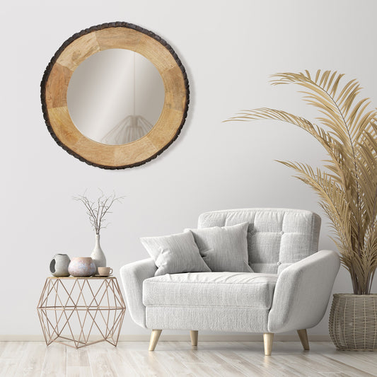 Miroir mural rond en bois avec bord naturel Meredith de River of Goods - 77,5 x 2,5 x 77,5 cm