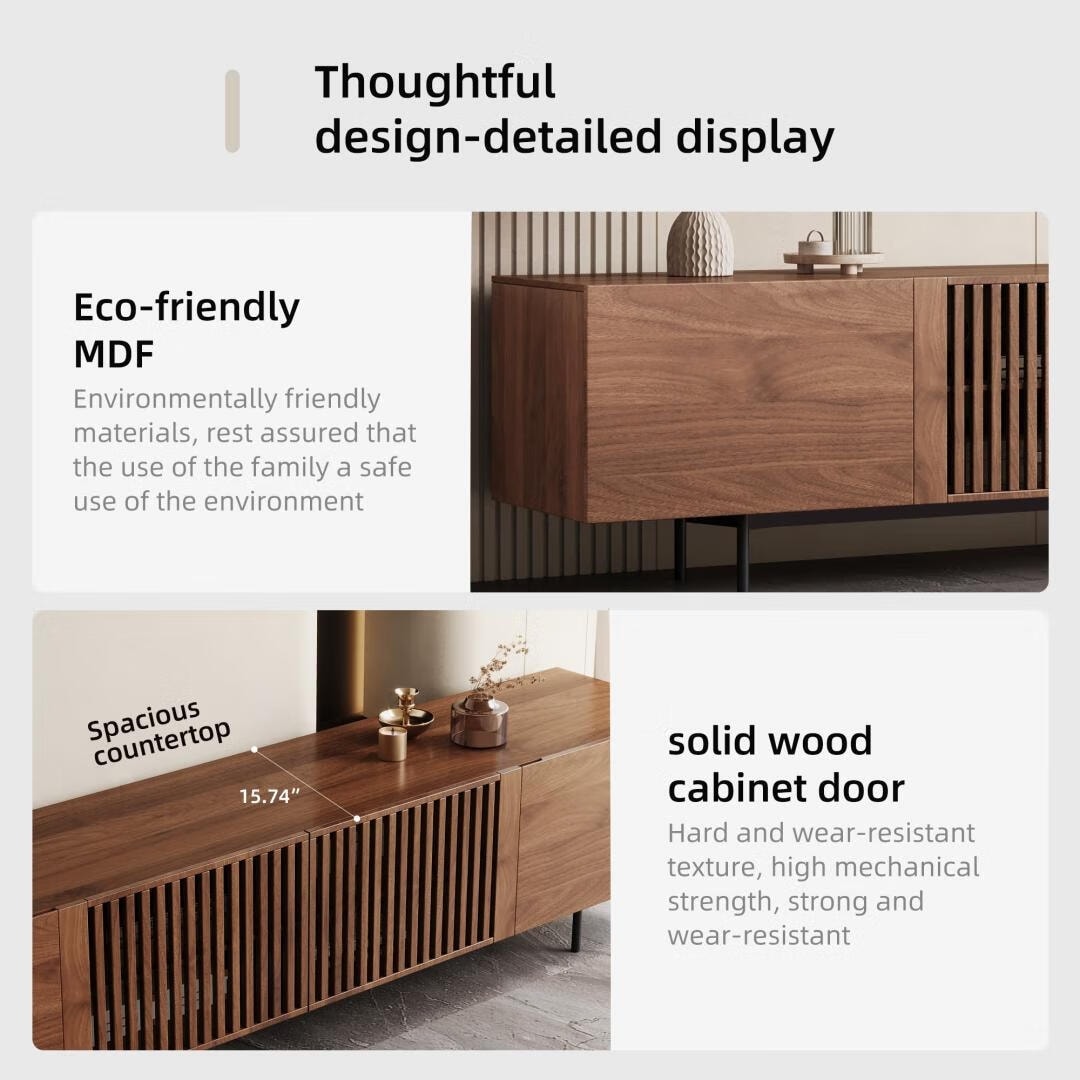 Meuble TV style Mid-Century Modern avec 4 portes et rangements, compatible avec les télévisions jusqu'à 100 pouces, meuble de salon pour système multimédia.