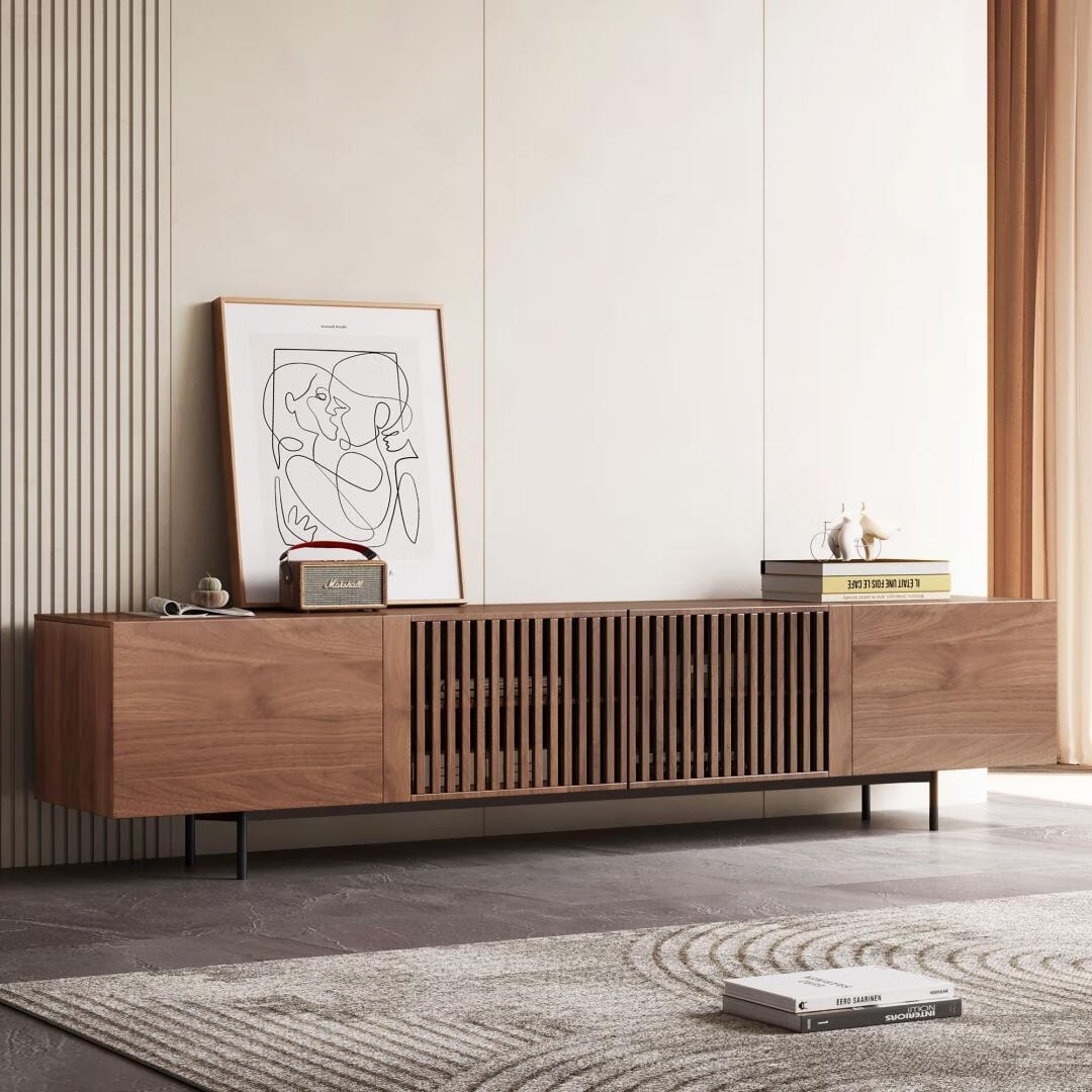 Meuble TV style Mid-Century Modern avec 4 portes et rangements, compatible avec les télévisions jusqu'à 100 pouces, meuble de salon pour système multimédia.