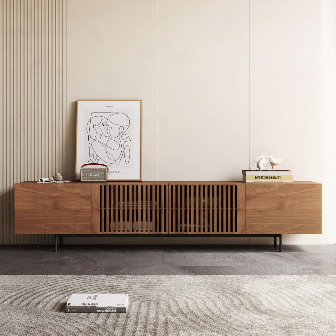 Meuble TV style Mid-Century Modern avec 4 portes et rangements, compatible avec les télévisions jusqu'à 100 pouces, meuble de salon pour système multimédia.