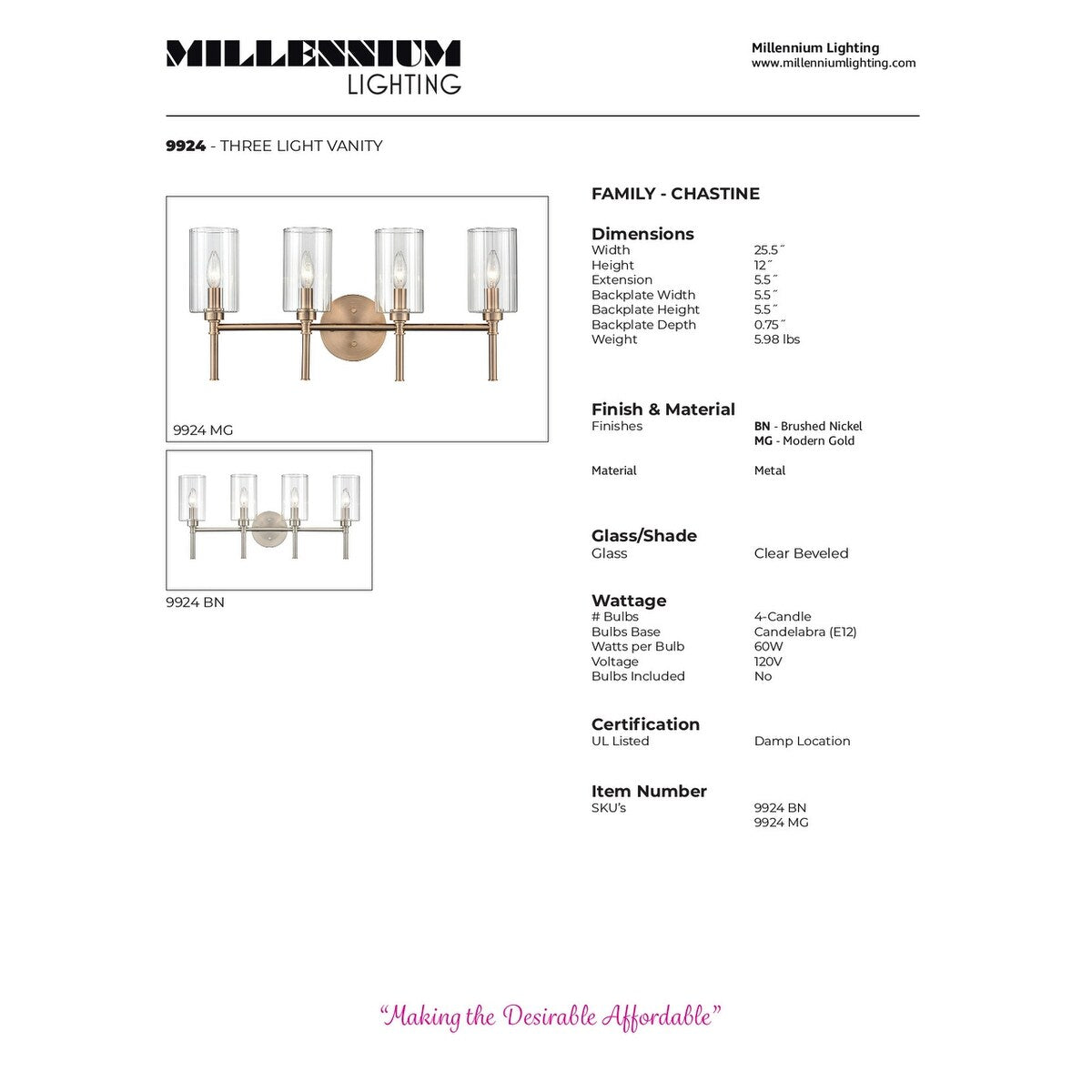 Millennium Lighting Lustre de salle de bain Chastine avec abat-jours en verre dépoli transparent