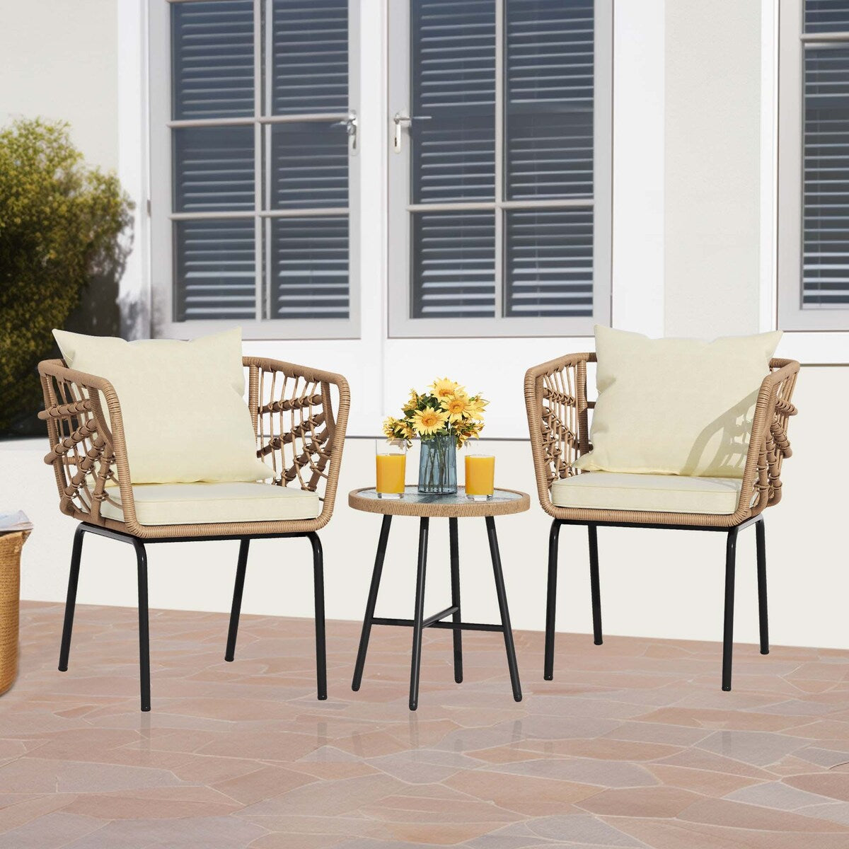 Moasis Ensemble de meubles de jardin en osier pour terrasse, composé de 3 pièces : 2 chaises et une table basse.