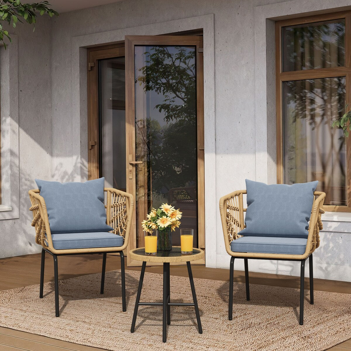 Moasis Ensemble de meubles de jardin en osier pour terrasse, composé de 3 pièces : 2 chaises et une table basse.
