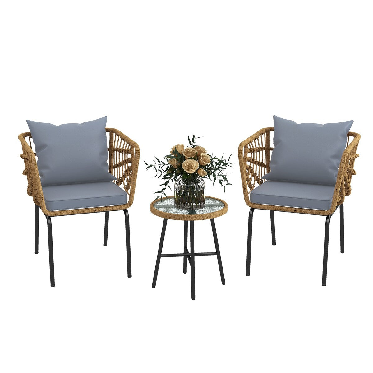 Moasis Ensemble de meubles de jardin en osier pour terrasse, composé de 3 pièces : 2 chaises et une table basse.