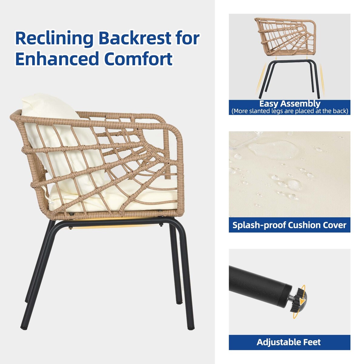 Moasis Ensemble de meubles de jardin en osier pour terrasse, composé de 3 pièces : 2 chaises et une table basse.