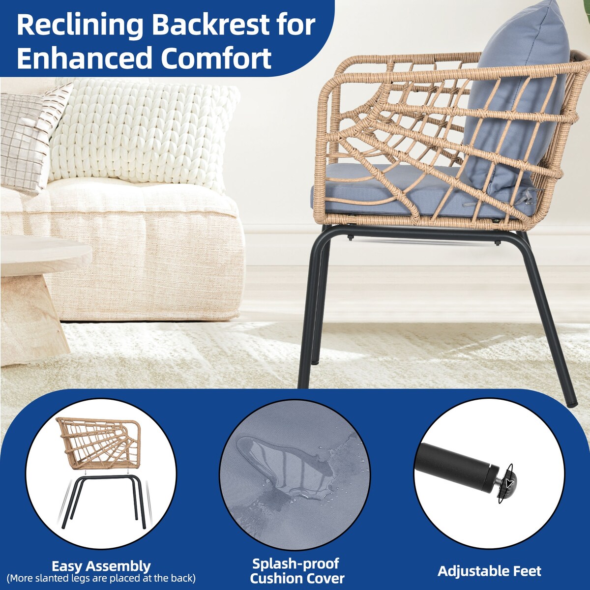 Moasis Ensemble de meubles de jardin en osier pour terrasse, composé de 3 pièces : 2 chaises et une table basse.