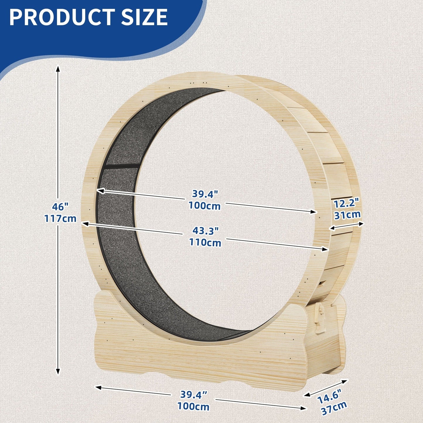 Moasis 43.3 pouces, grand tapis roulant en bois pour chat, avec piste de course recouverte de tapis.