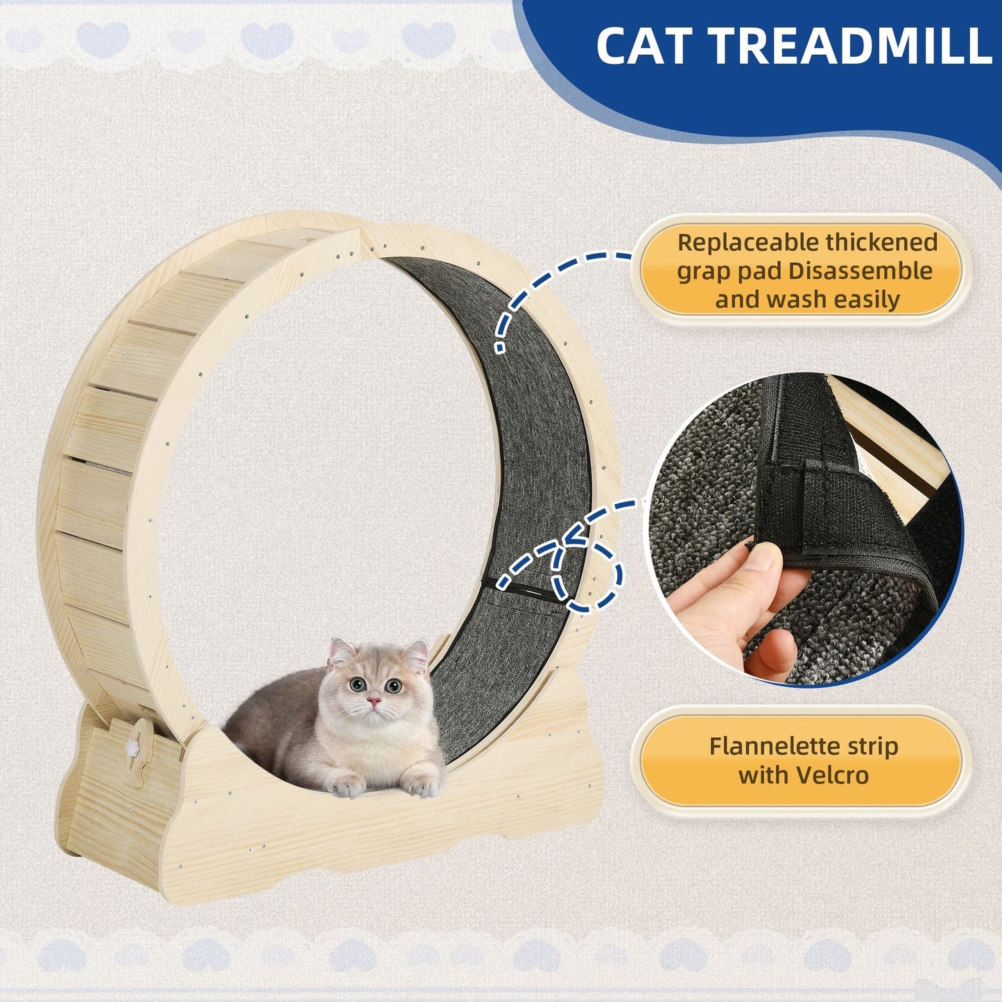 Moasis 43.3 pouces, grand tapis roulant en bois pour chat, avec piste de course recouverte de tapis.