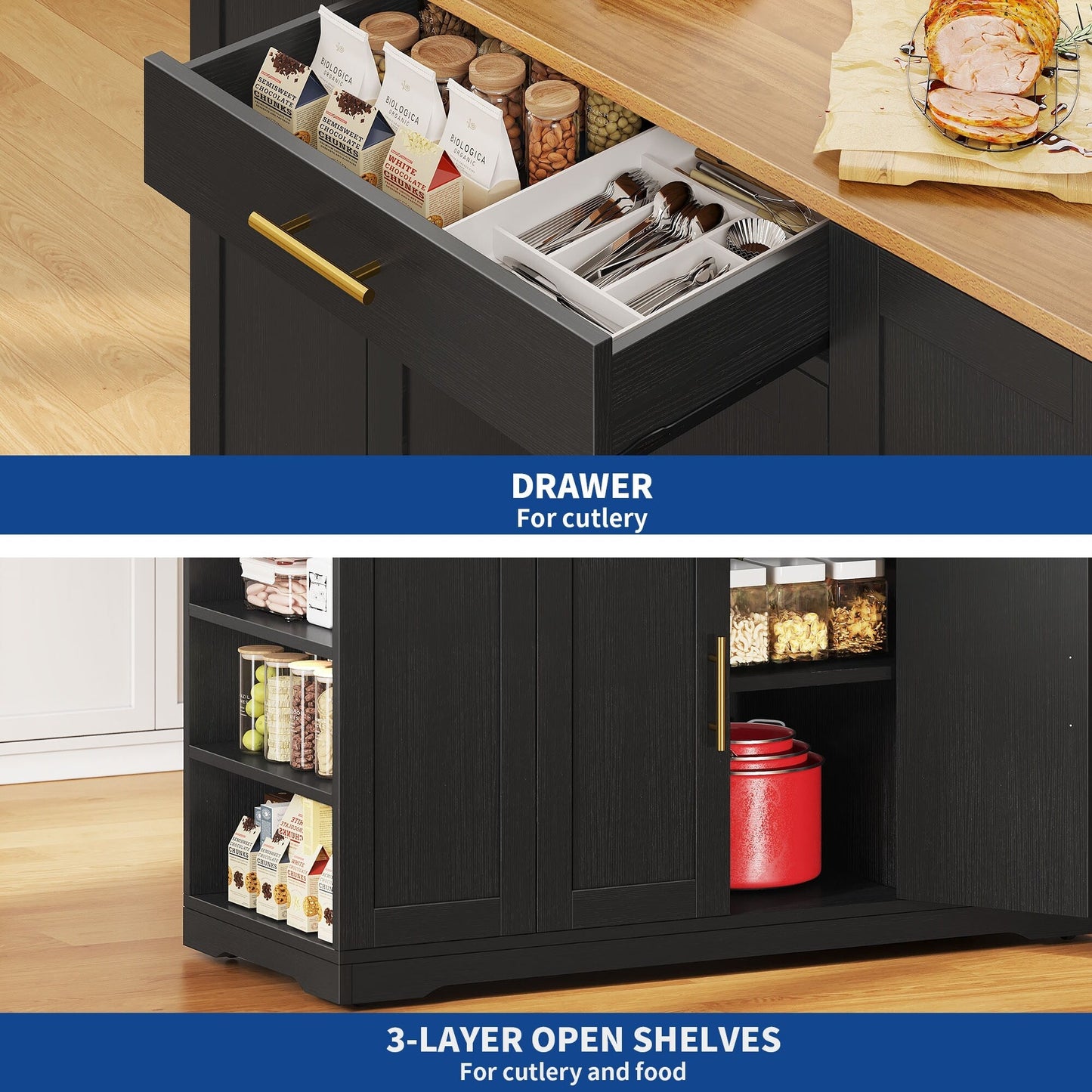 Moasis Meuble de rangement roulant pour îlot de cuisine, 53 pouces, chariot de cuisine mobile portable