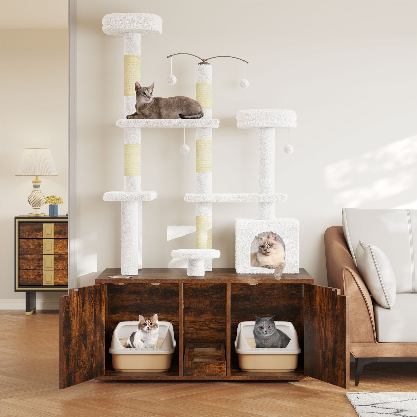 Moasis Abri double pour litière de chat avec arbre à chat et poteau à gratter