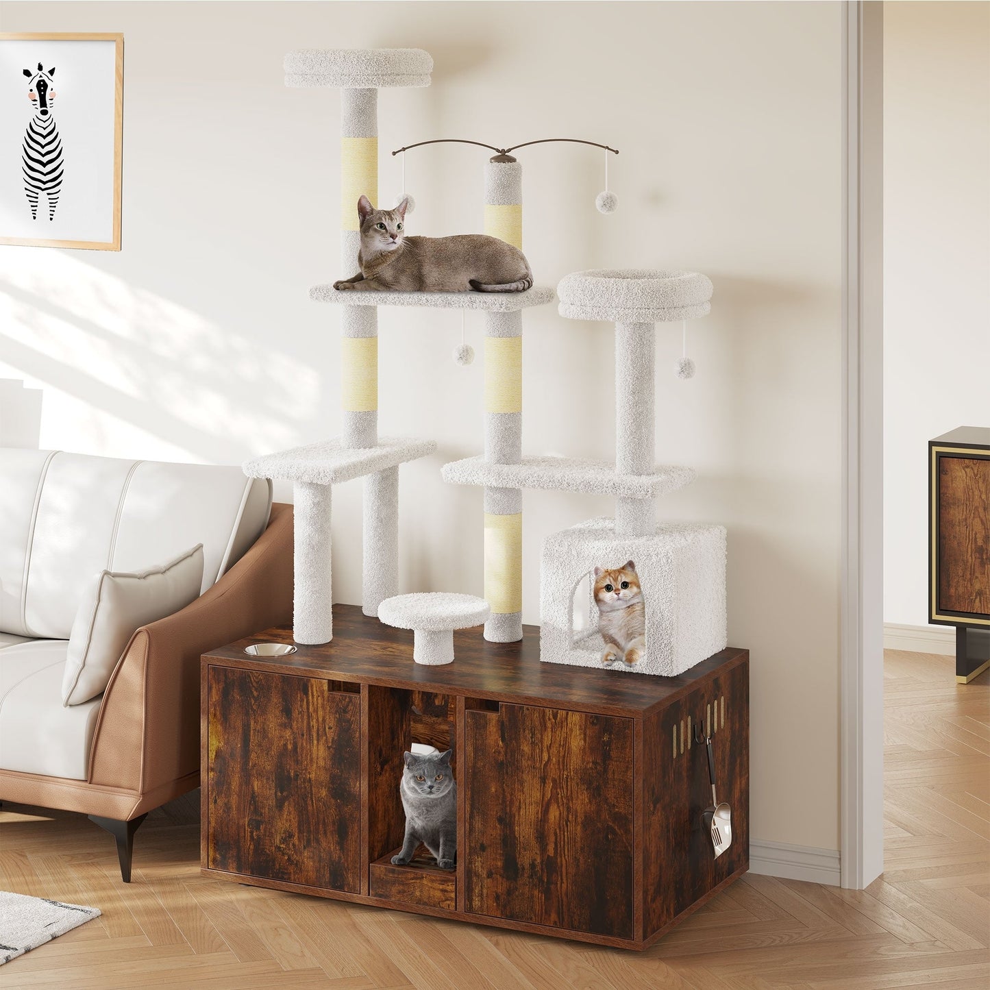 Moasis Abri double pour litière de chat avec arbre à chat et poteau à gratter