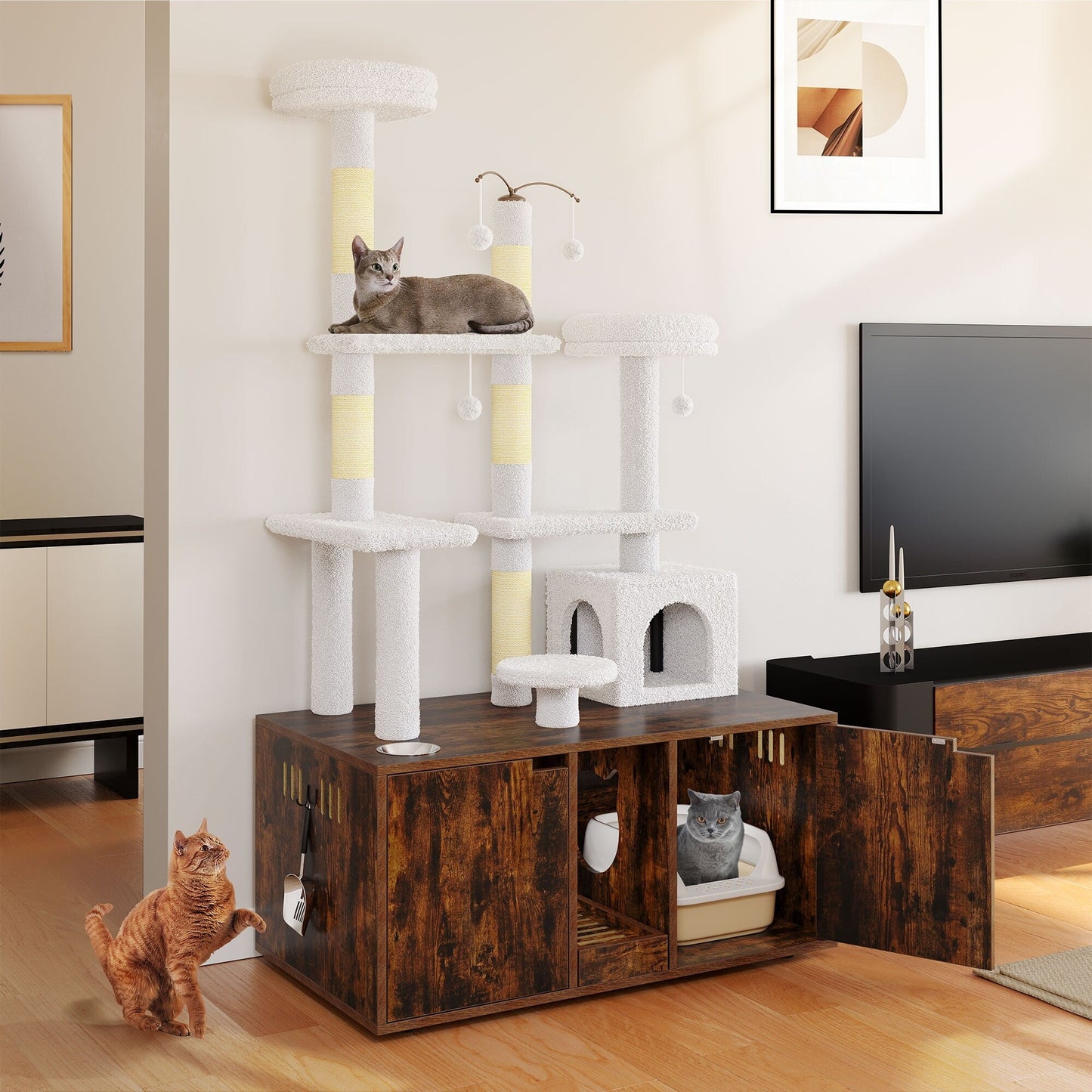 Moasis Abri double pour litière de chat avec arbre à chat et poteau à gratter