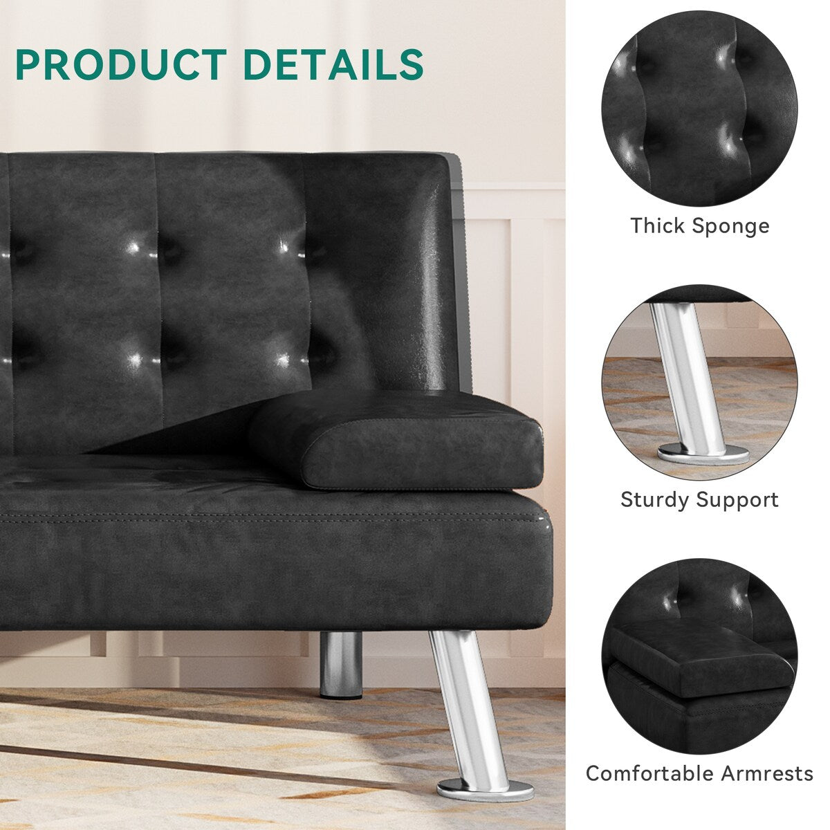 Canapé-lit futon Moasis en simili cuir, ensemble futon pliable moderne - 64 L x 30 l x 26 h