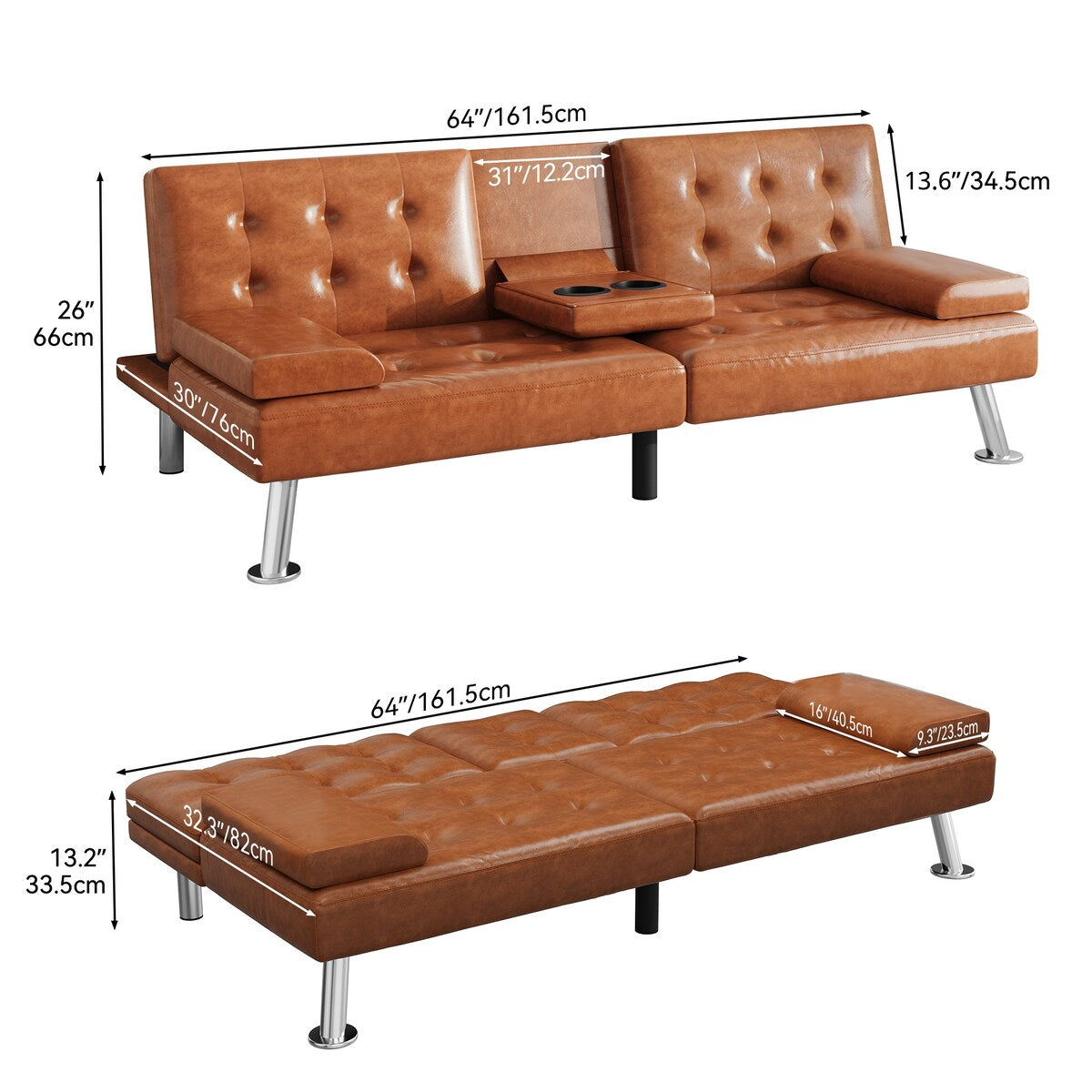 Canapé-lit futon Moasis en simili cuir, ensemble futon pliable moderne - 64 L x 30 l x 26 h
