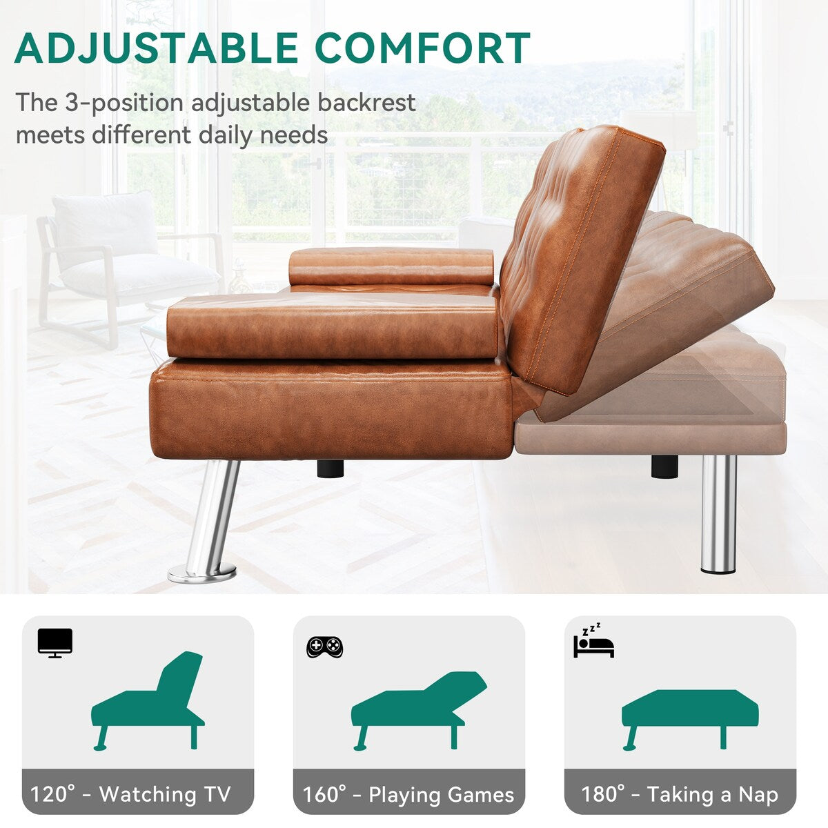 Canapé-lit futon Moasis en simili cuir, ensemble futon pliable moderne - 64 L x 30 l x 26 h