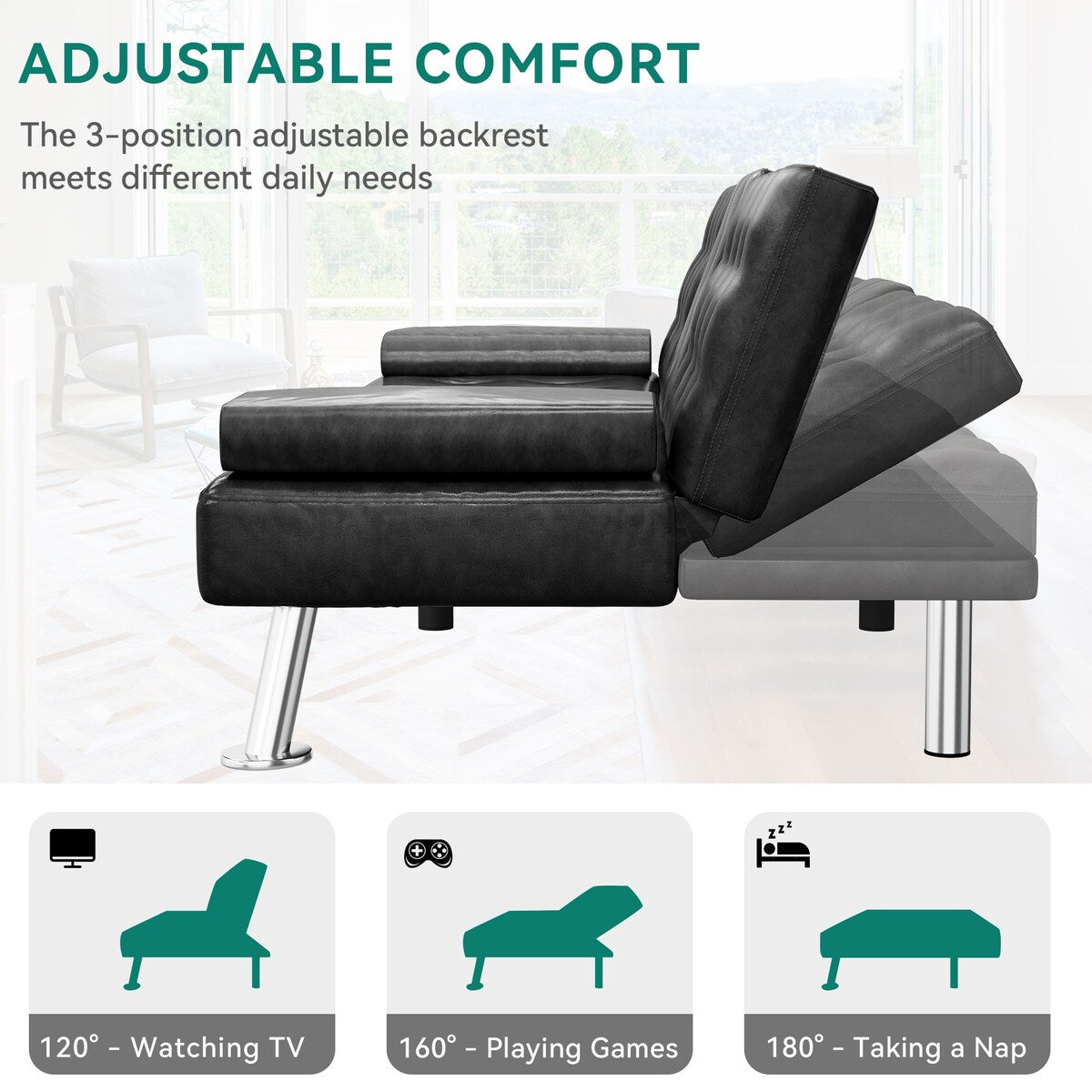 Canapé-lit futon Moasis en simili cuir, ensemble futon pliable moderne - 64 L x 30 l x 26 h