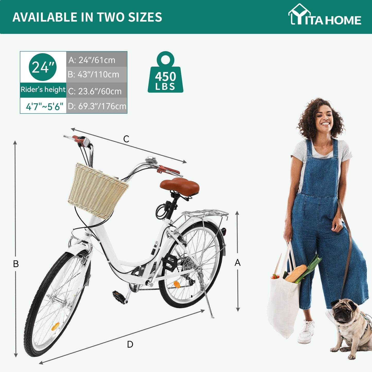 Moasis24/26 Vélo de ville à 7 vitesses, vélo de croisière à pas réglable, vélo de trajet domicile-travail.