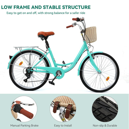 Moasis24/26 Vélo de ville à 7 vitesses, vélo de croisière à pas réglable, vélo de trajet domicile-travail.