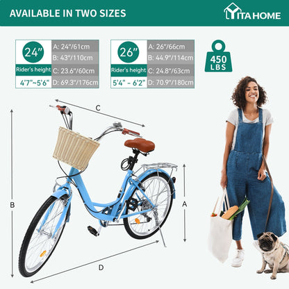 Moasis24/26 Vélo de ville à 7 vitesses, vélo de croisière à pas réglable, vélo de trajet domicile-travail.