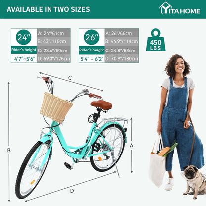 Moasis24/26 Vélo de ville à 7 vitesses, vélo de croisière à pas réglable, vélo de trajet domicile-travail.