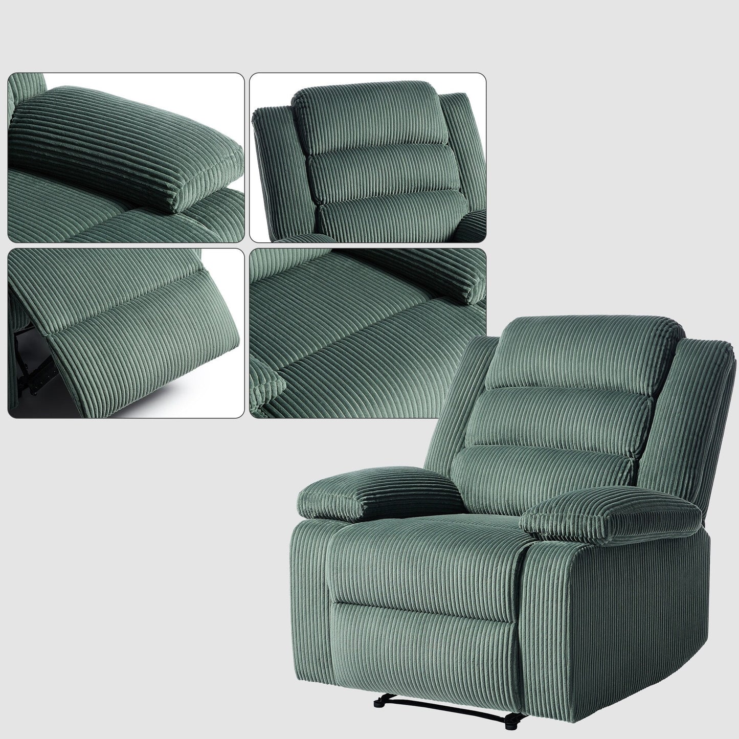 Fauteuil inclinable manuel en velours côtelé moderne, chaise longue inclinable réglable avec accoudoirs larges.