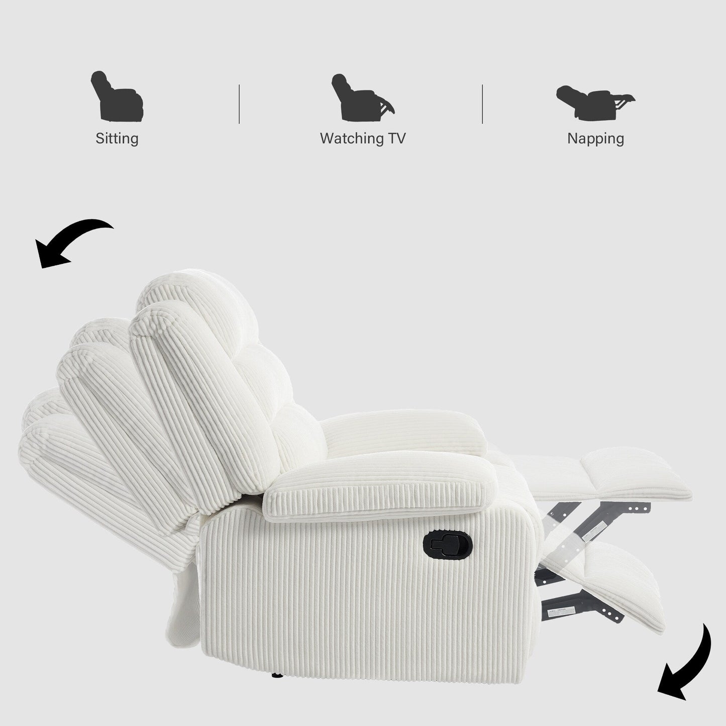 Fauteuil inclinable manuel en velours côtelé moderne, chaise longue inclinable réglable avec accoudoirs larges.