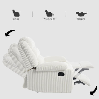 Fauteuil inclinable manuel en velours côtelé moderne, chaise longue inclinable réglable avec accoudoirs larges.