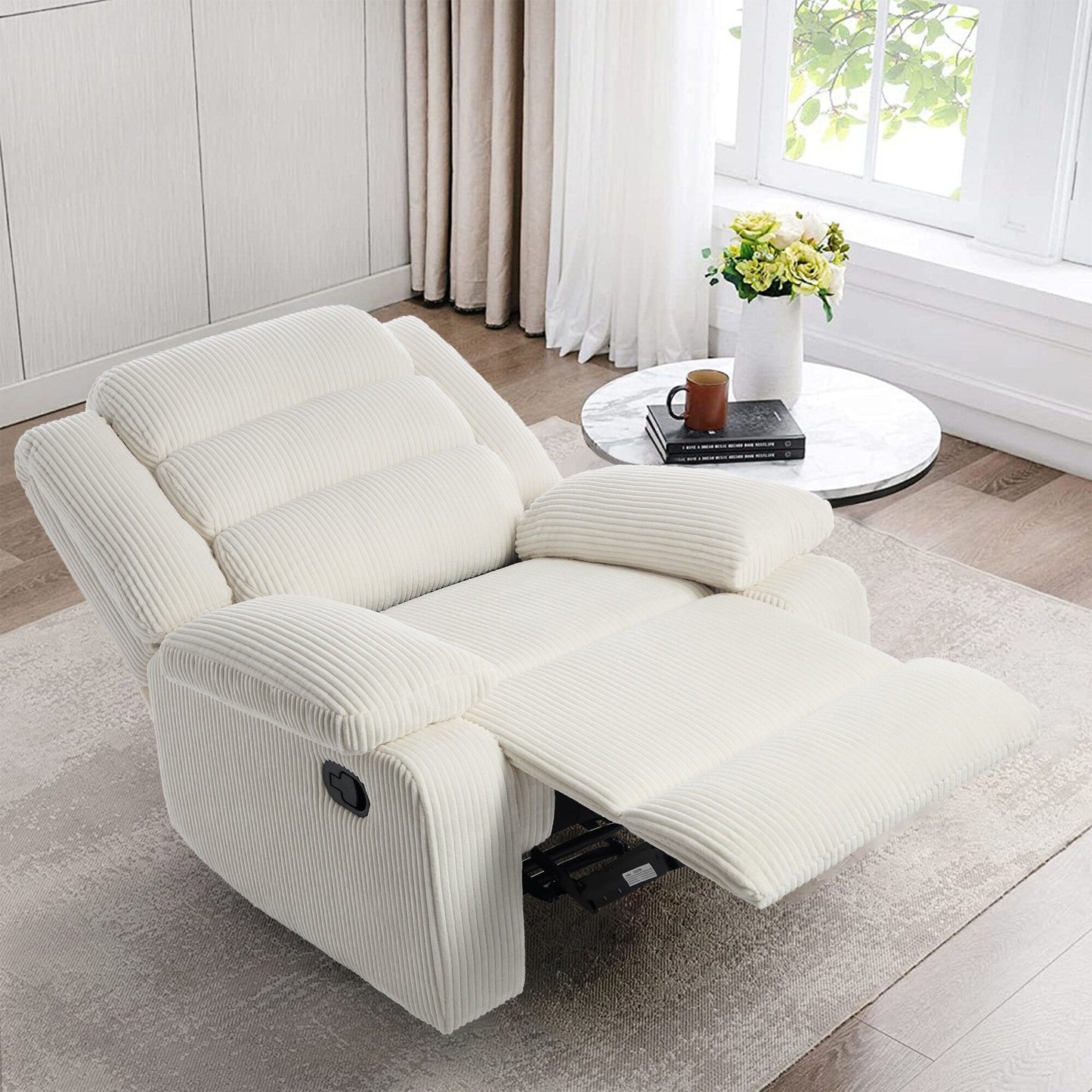 Fauteuil inclinable manuel en velours côtelé moderne, chaise longue inclinable réglable avec accoudoirs larges.