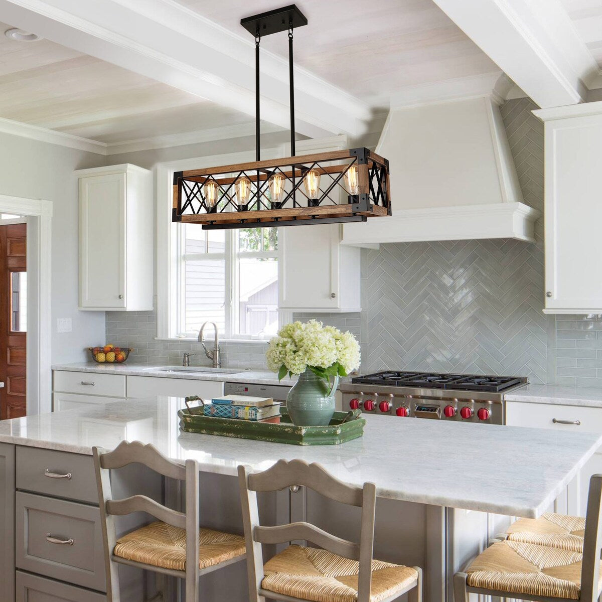 Luminaire suspendu moderne de style farmhouse, cage rectangulaire en bois à 5 lumières, pour salle à manger - 80,3 L x 25,4 l x 19,8 H (cm)