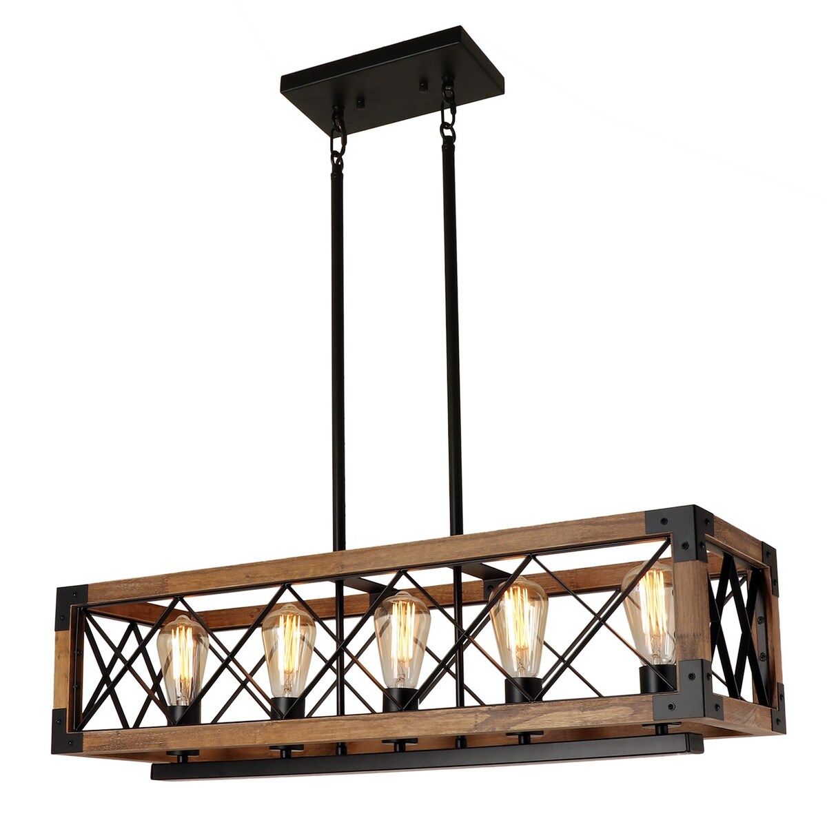 Luminaire suspendu moderne de style farmhouse, cage rectangulaire en bois à 5 lumières, pour salle à manger - 80,3 L x 25,4 l x 19,8 H (cm)