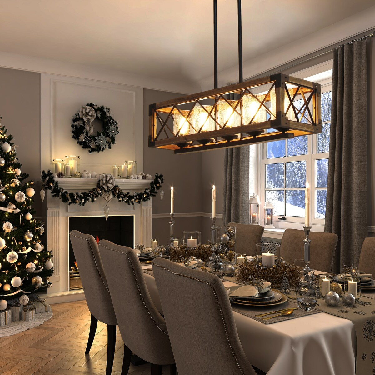 Luminaire suspendu rectangulaire en bois à 5 lumières, style ferme moderne, avec verre dépoli, pour îlot de cuisine, salle à manger - 80 L x 22,2 W x 20,3 H (cm)