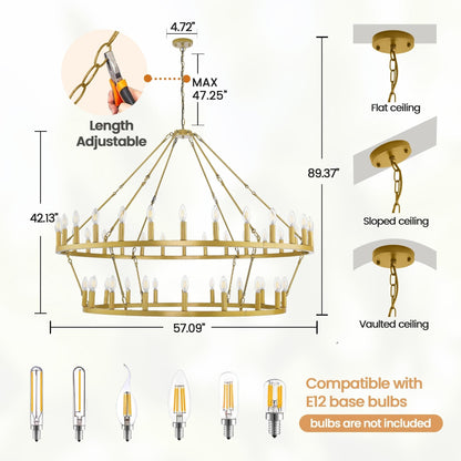 Luminaire suspendu moderne style ferme, lustre à 2 niveaux en forme de roue de charrette, grand luminaire pour plafond haut.