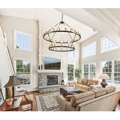 Luminaire suspendu moderne style ferme, lustre à 2 niveaux en forme de roue de charrette, grand luminaire pour plafond haut.