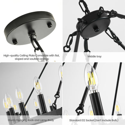 Luminaire suspendu moderne style ferme, lustre à 2 niveaux en forme de roue de charrette, grand luminaire pour plafond haut.