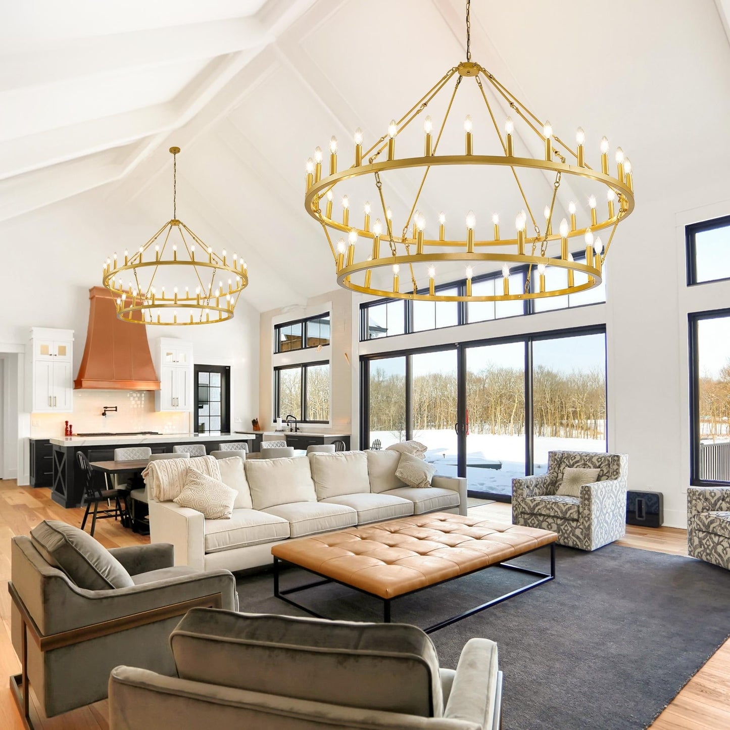 Luminaire suspendu moderne style ferme, lustre à 2 niveaux en forme de roue de charrette, grand luminaire pour plafond haut.