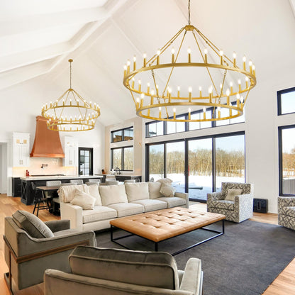 Luminaire suspendu moderne style ferme, lustre à 2 niveaux en forme de roue de charrette, grand luminaire pour plafond haut.