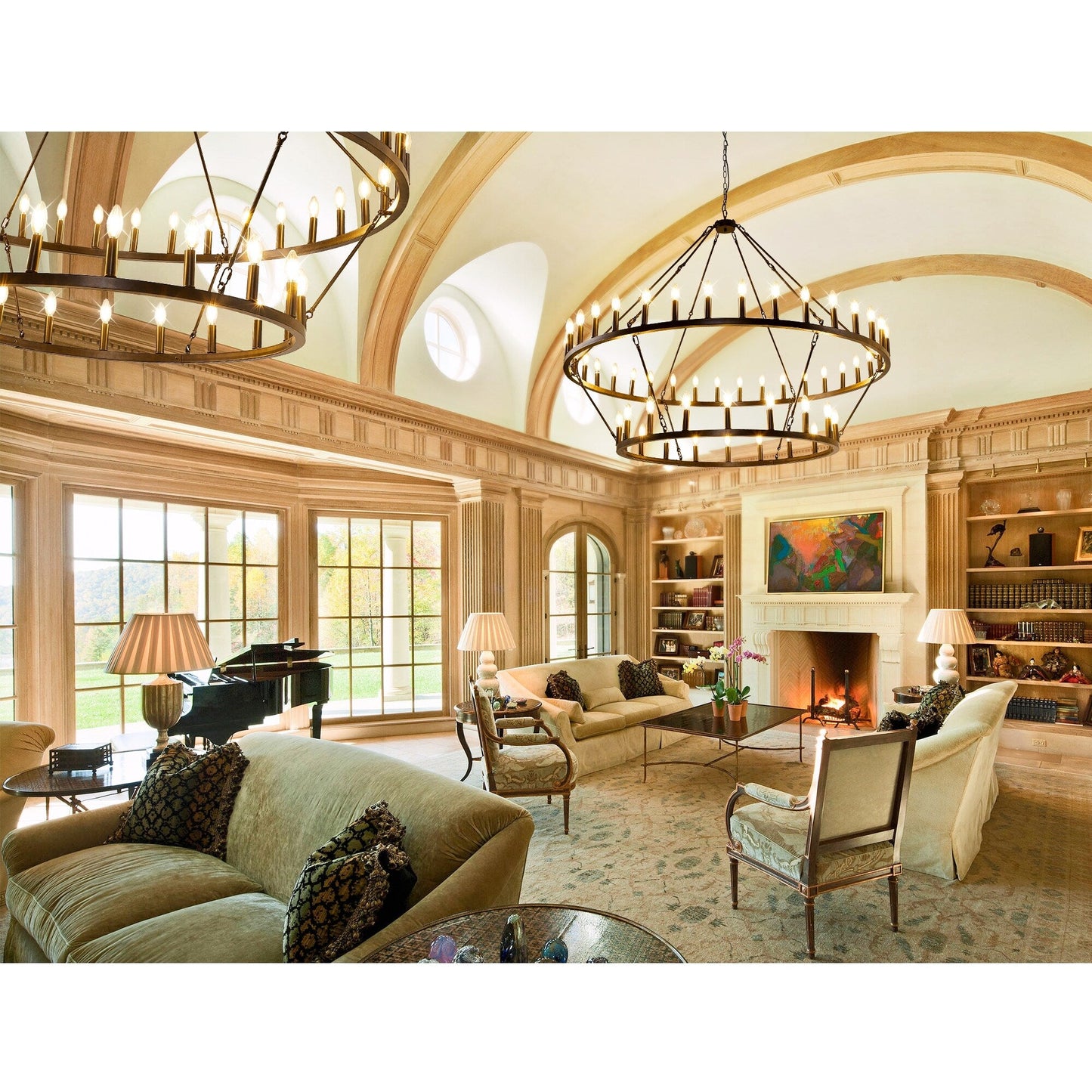 Luminaire suspendu moderne style ferme, lustre à 2 niveaux en forme de roue de charrette, grand luminaire pour plafond haut.