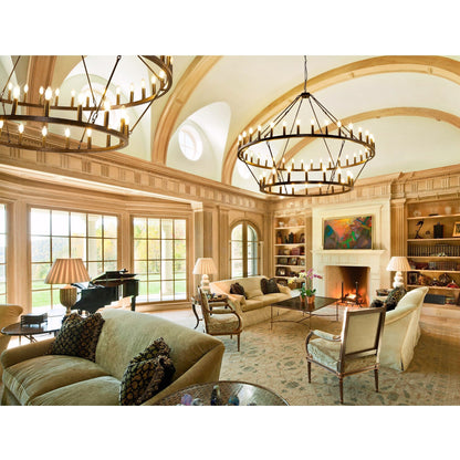 Luminaire suspendu moderne style ferme, lustre à 2 niveaux en forme de roue de charrette, grand luminaire pour plafond haut.