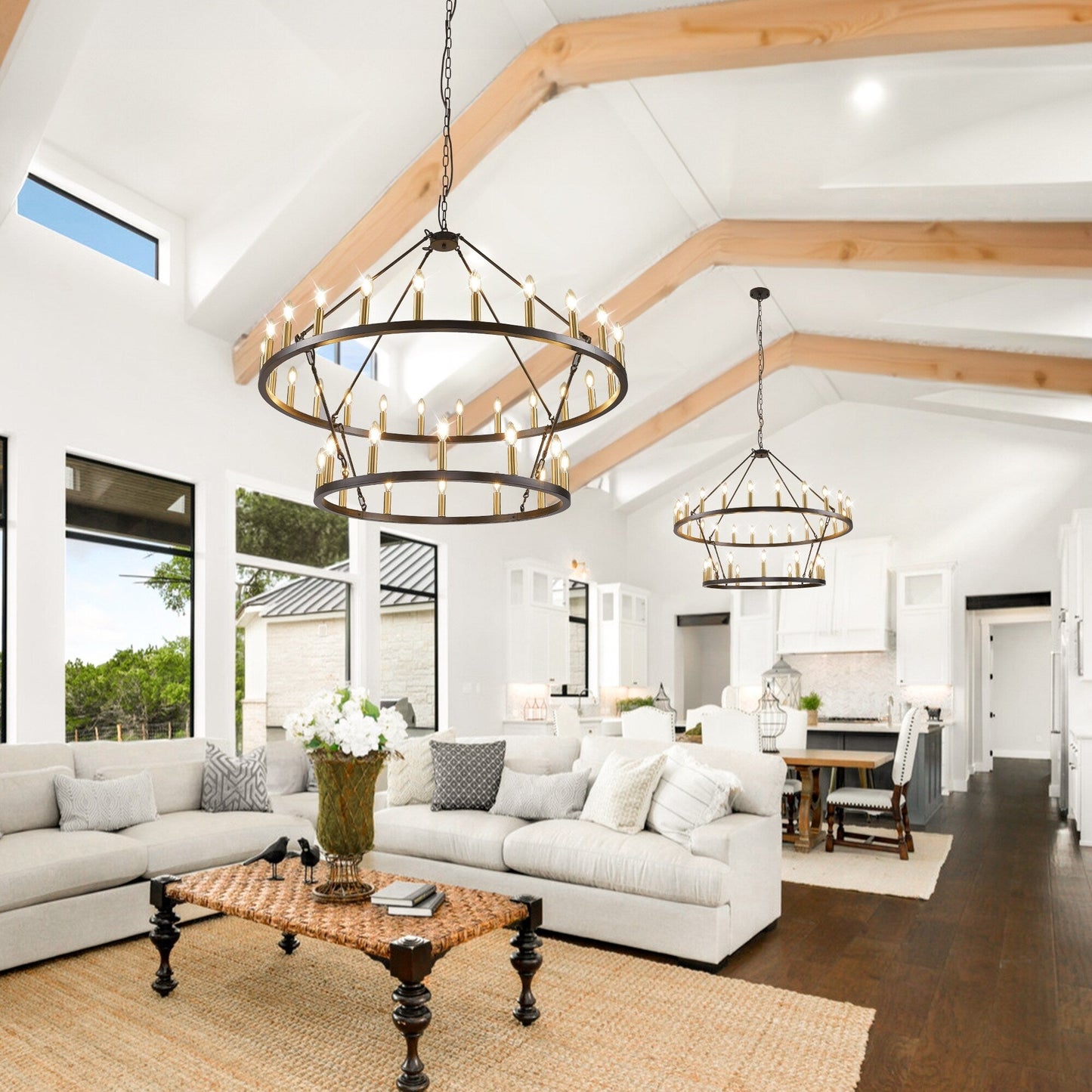 Luminaire suspendu moderne style ferme, lustre à 2 niveaux en forme de roue de charrette, grand luminaire pour plafond haut.