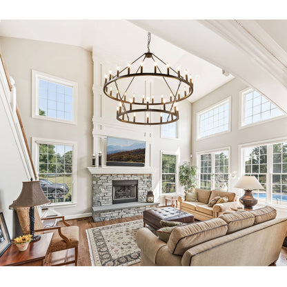 Luminaire suspendu moderne style ferme, lustre à 2 niveaux en forme de roue de charrette, grand luminaire pour plafond haut.