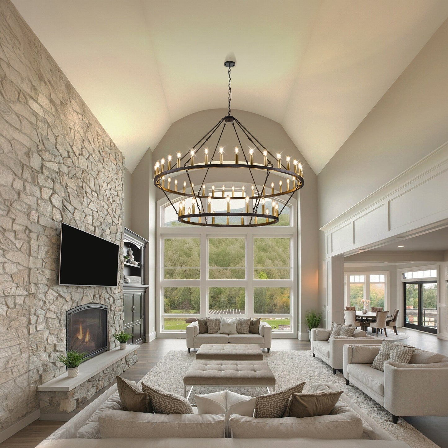 Luminaire suspendu moderne style ferme, lustre à 2 niveaux en forme de roue de charrette, grand luminaire pour plafond haut.