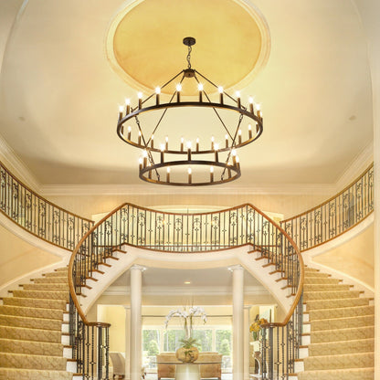 Luminaire suspendu moderne style ferme, lustre à 2 niveaux en forme de roue de charrette, grand luminaire pour plafond haut.