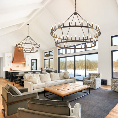 Luminaire suspendu moderne style ferme, lustre à 2 niveaux en forme de roue de charrette, grand luminaire pour plafond haut.