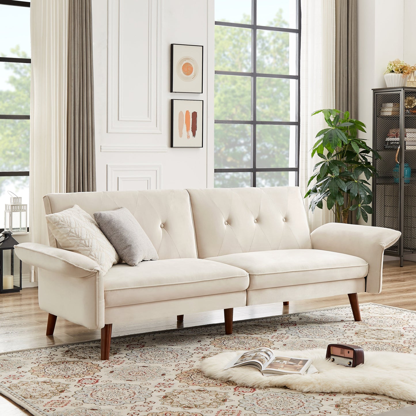 Canapé-lit futon moderne, canapé convertible avec pieds en bois coniques, 78,35 po de largeur, petit canapé à dossier divisé pour salon.