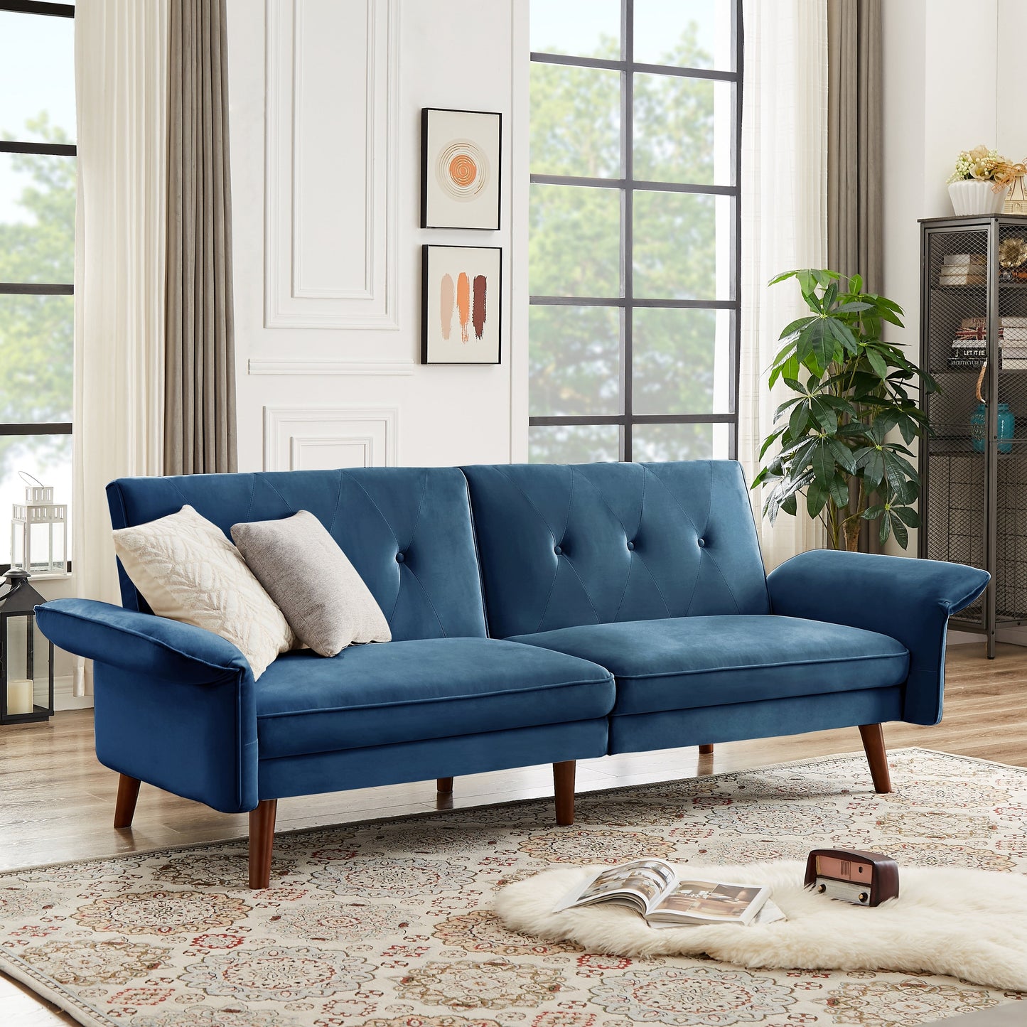 Canapé-lit futon moderne, canapé convertible avec pieds en bois coniques, 78,35 po de largeur, petit canapé à dossier divisé pour salon.